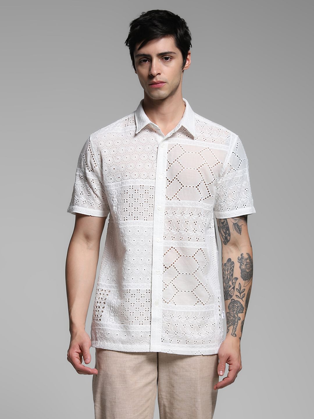 White Schiffli Embroidered Shirt