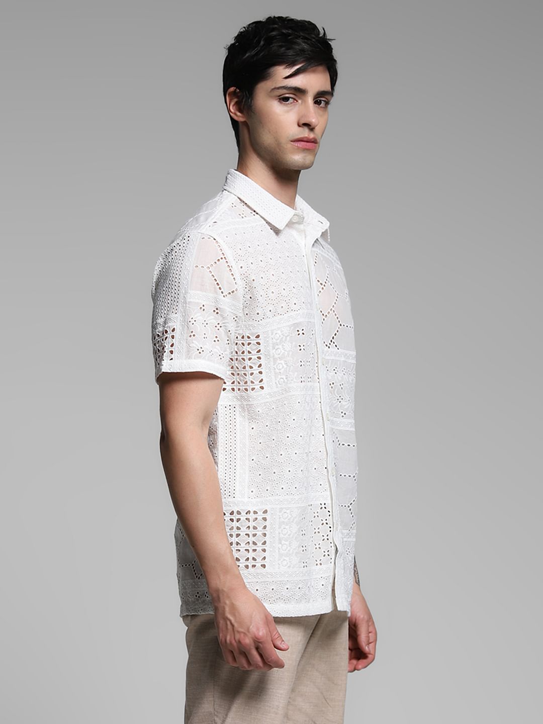White Schiffli Embroidered Shirt