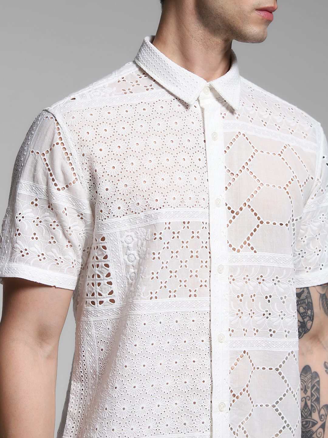 White Schiffli Embroidered Shirt