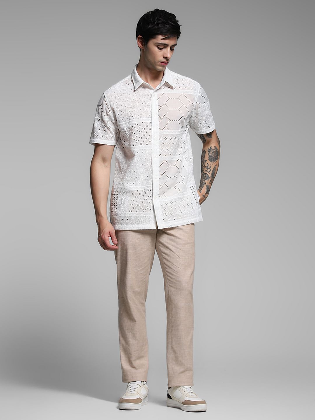 White Schiffli Embroidered Shirt