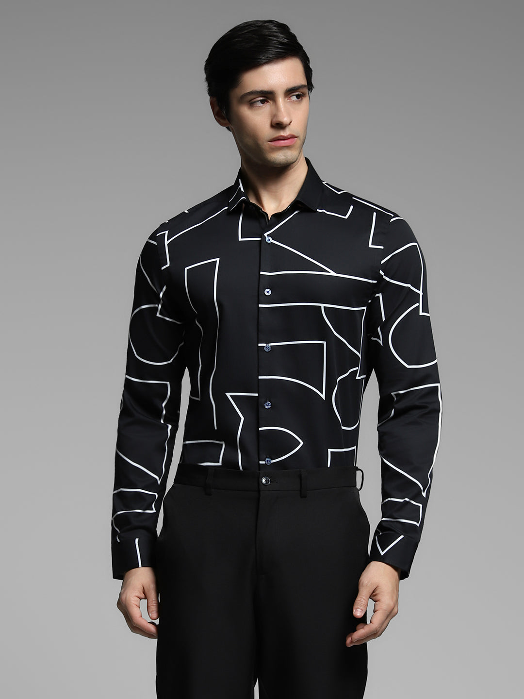 Men's Black Abstract Print Slim Fit Viscose Shirt