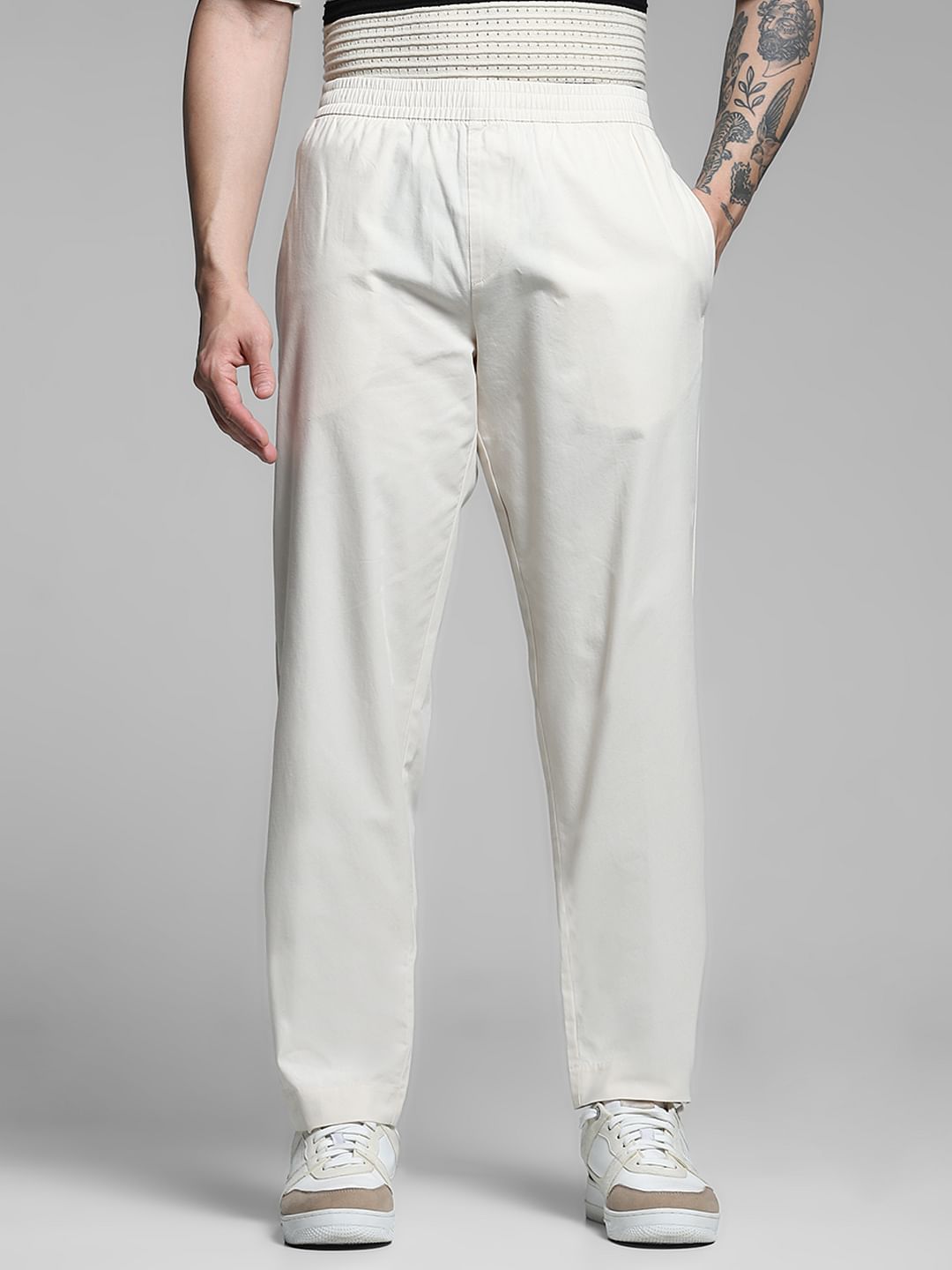 Beige Mid Rise Cotton Joggers