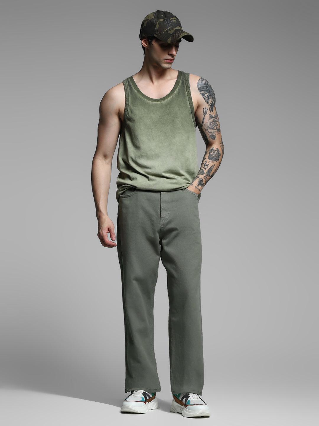 Dark Green Mid Rise Pants