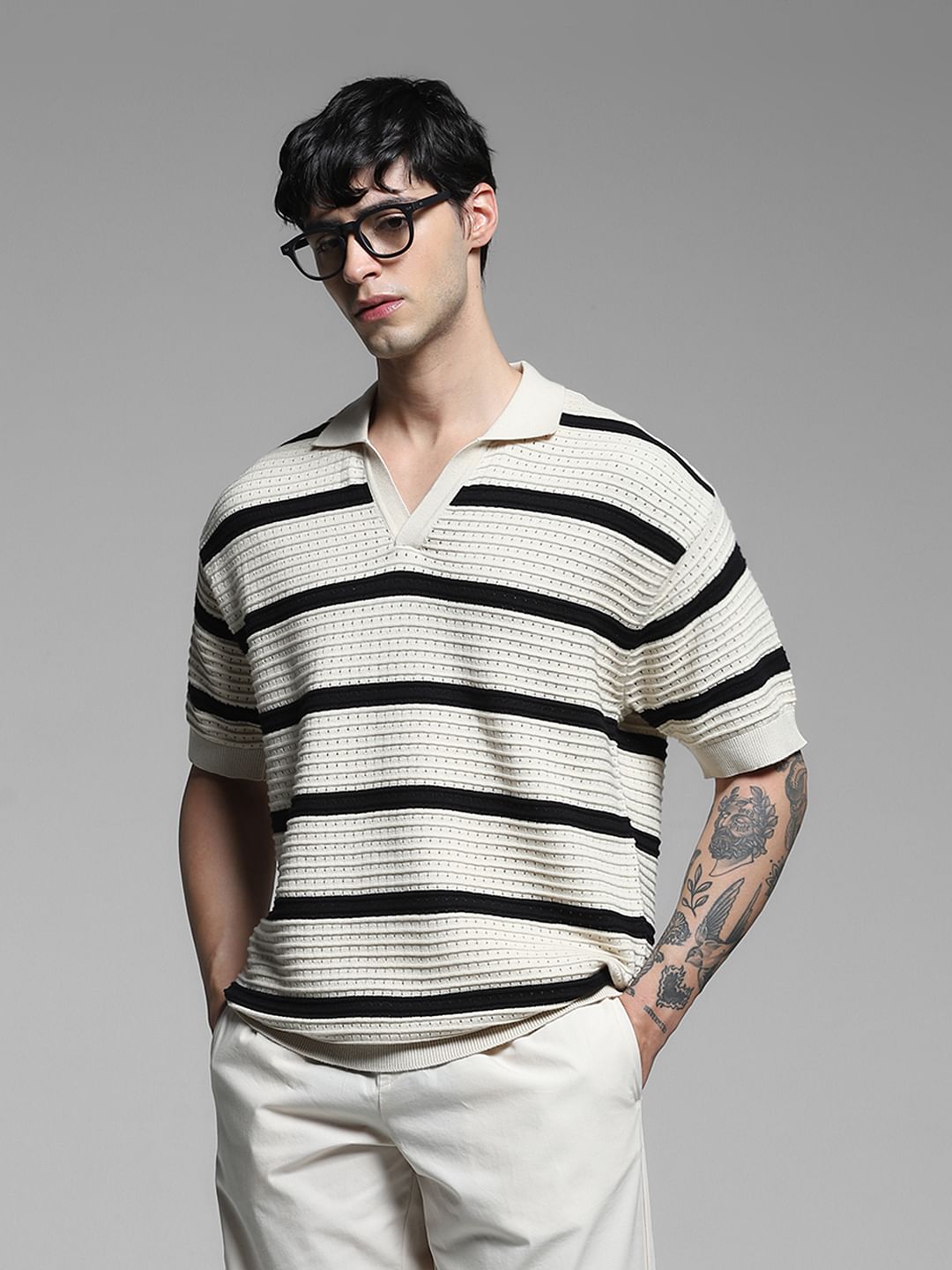 White Colourblocked Knit Polo