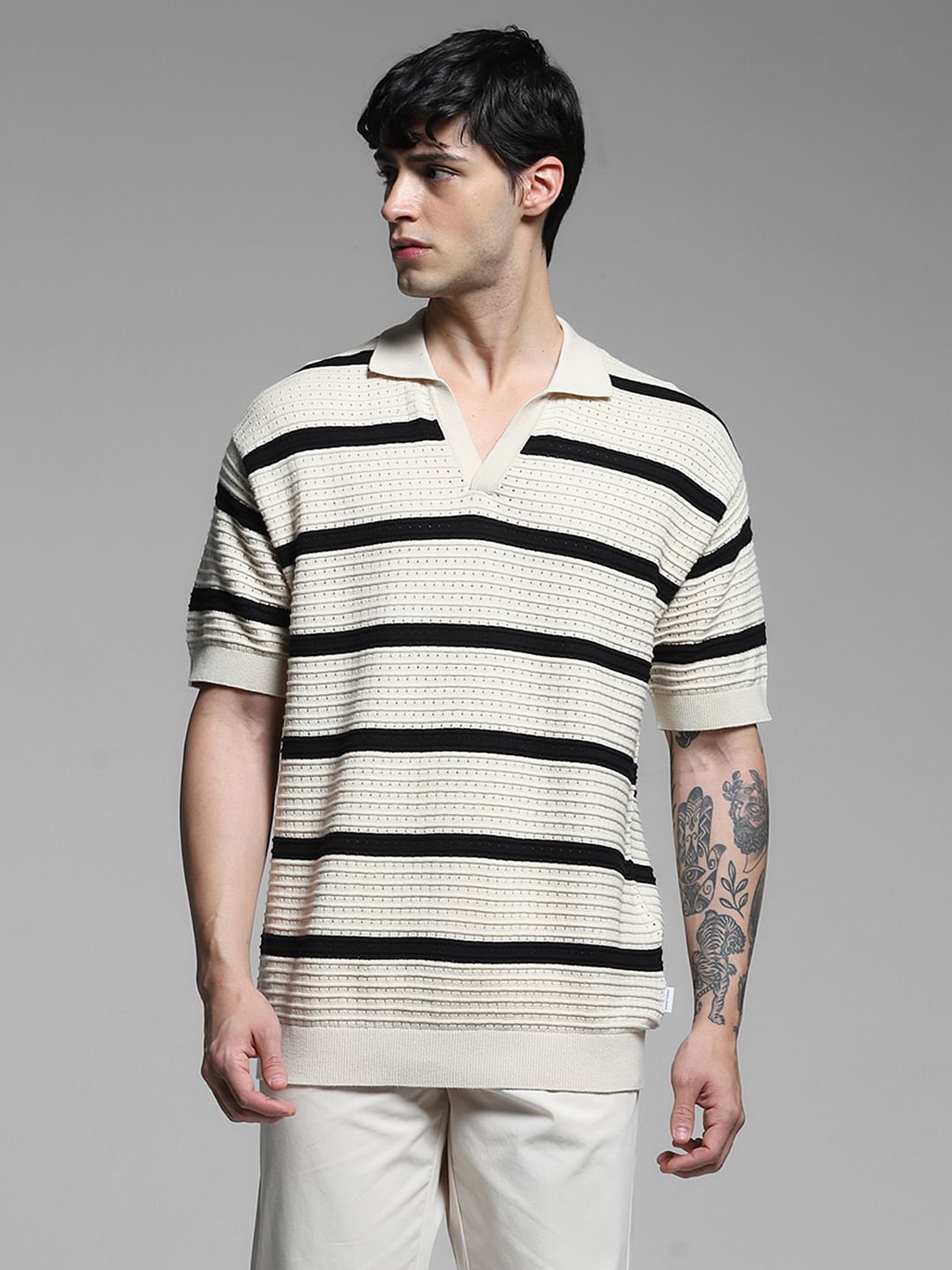White Colourblocked Knit Polo