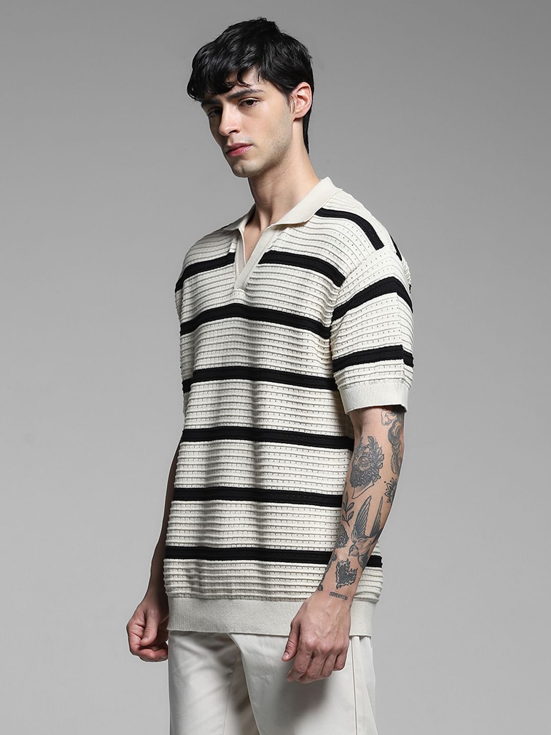 White Colourblocked Knit Polo