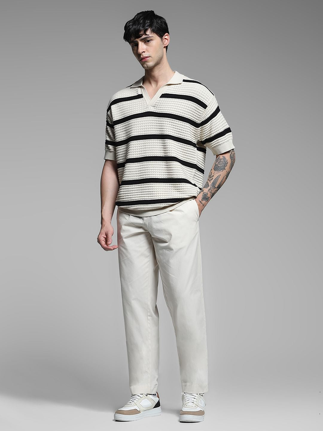 White Colourblocked Knit Polo