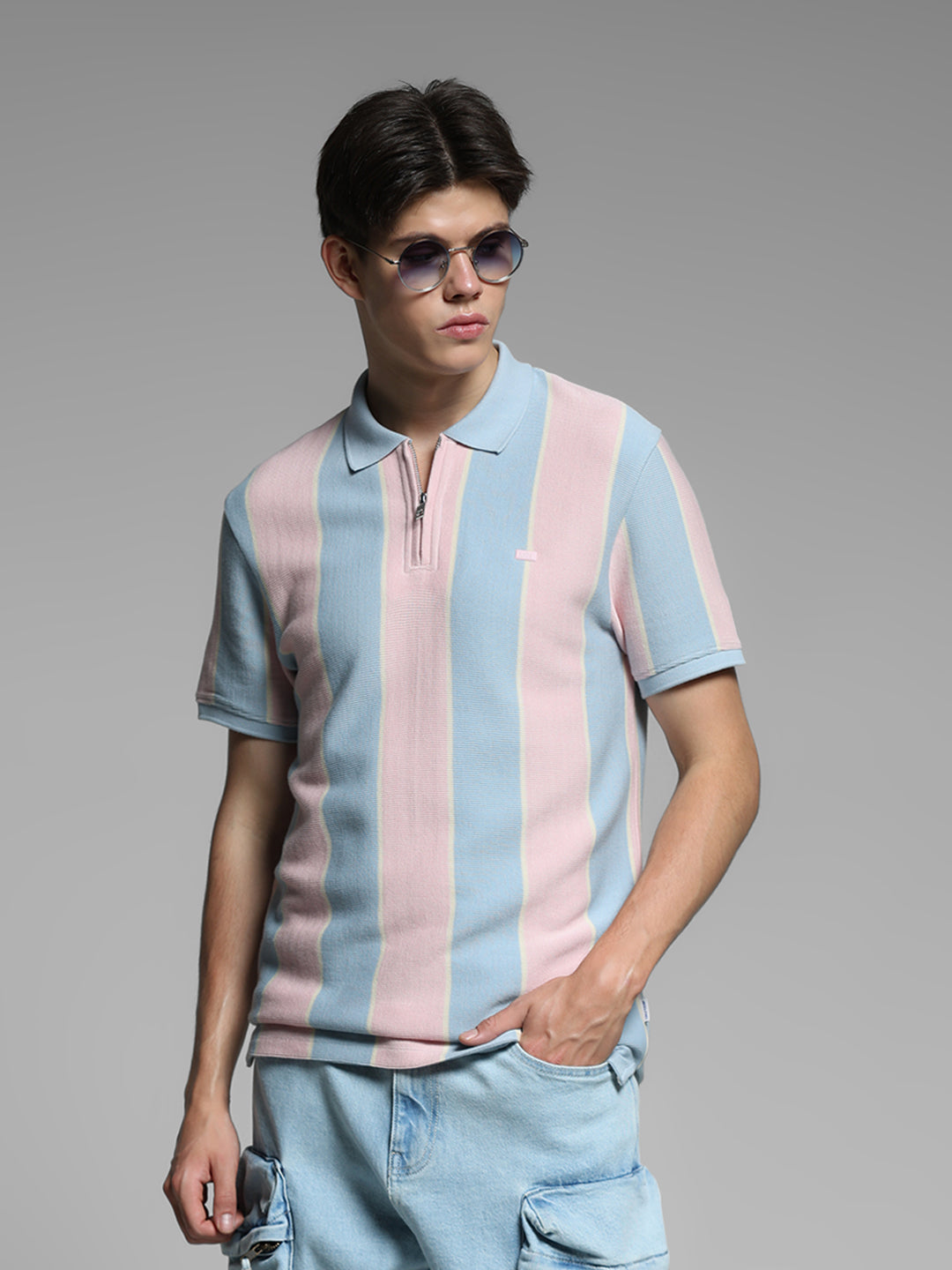 Pink Colourblocked Cotton Polo