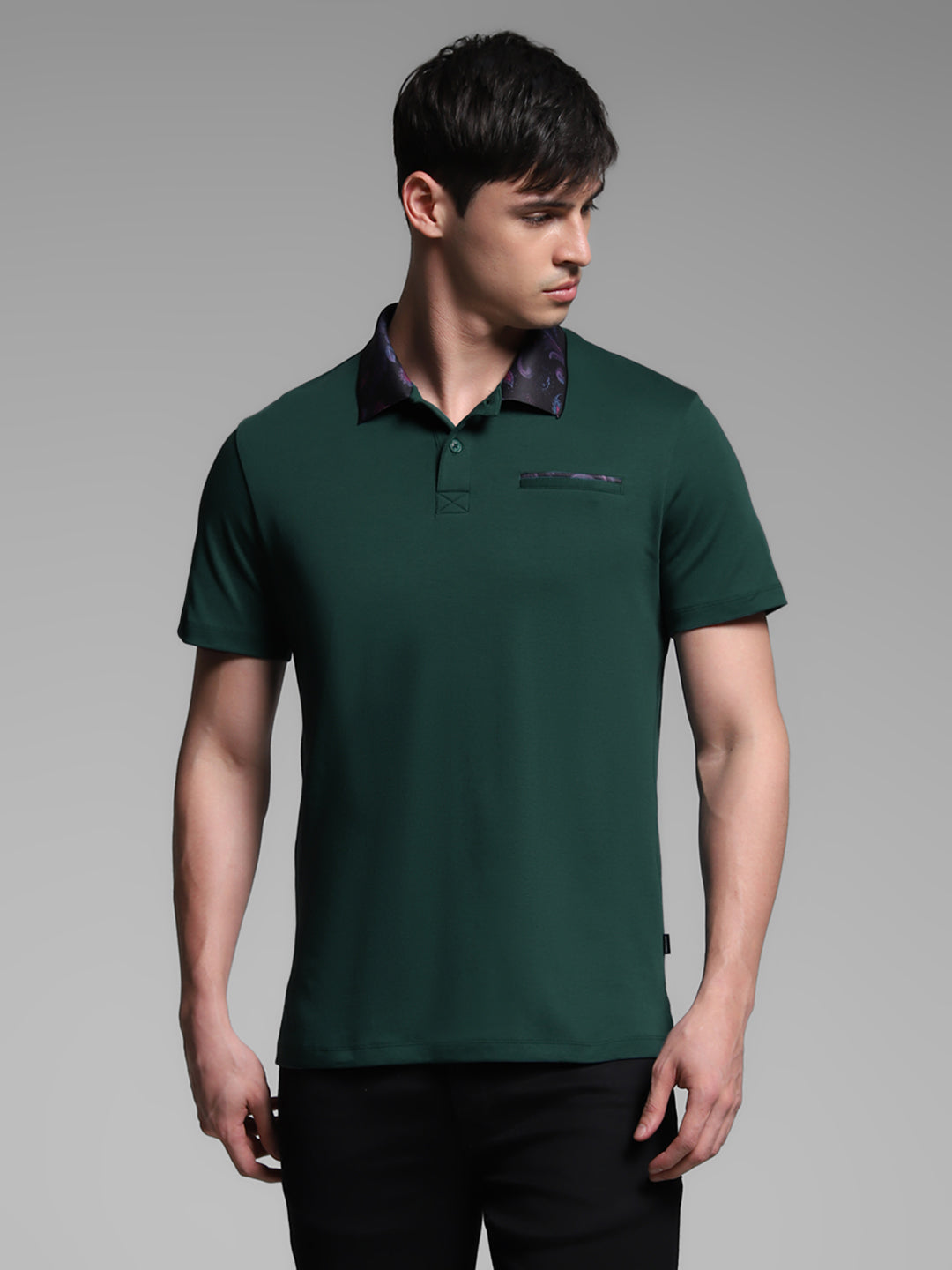 Men's Cotton Polo T-Shirt In Green With Contrast Collar, Regular Fit
