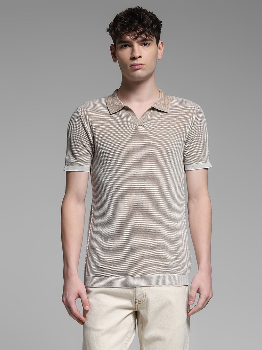 Beige Flat Knit Cotton Polo