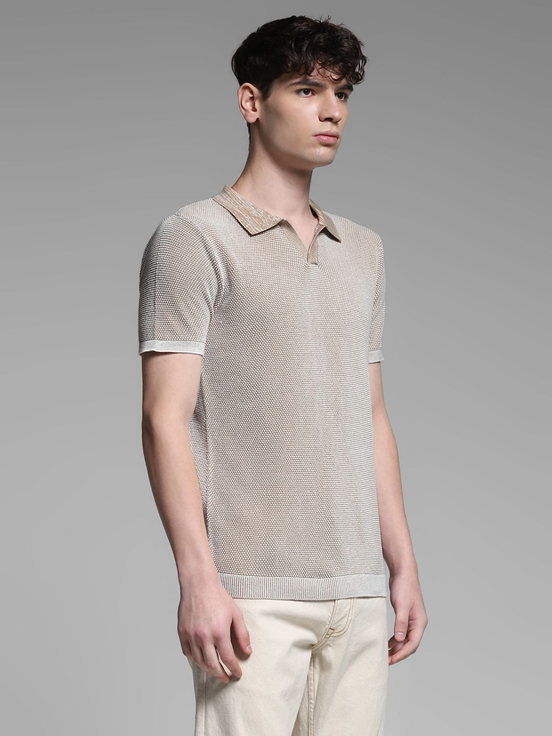 Beige Flat Knit Cotton Polo