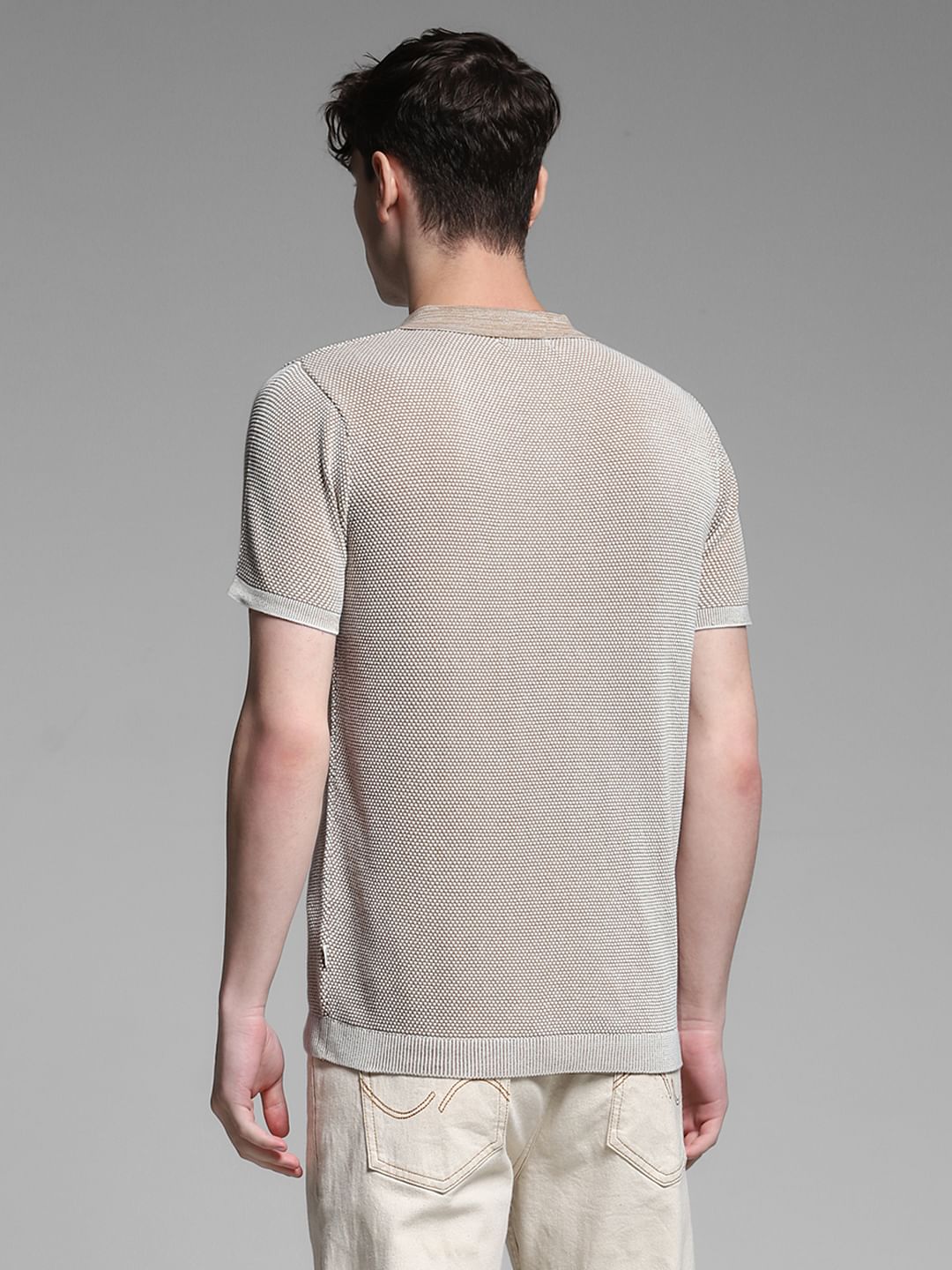 Beige Flat Knit Cotton Polo