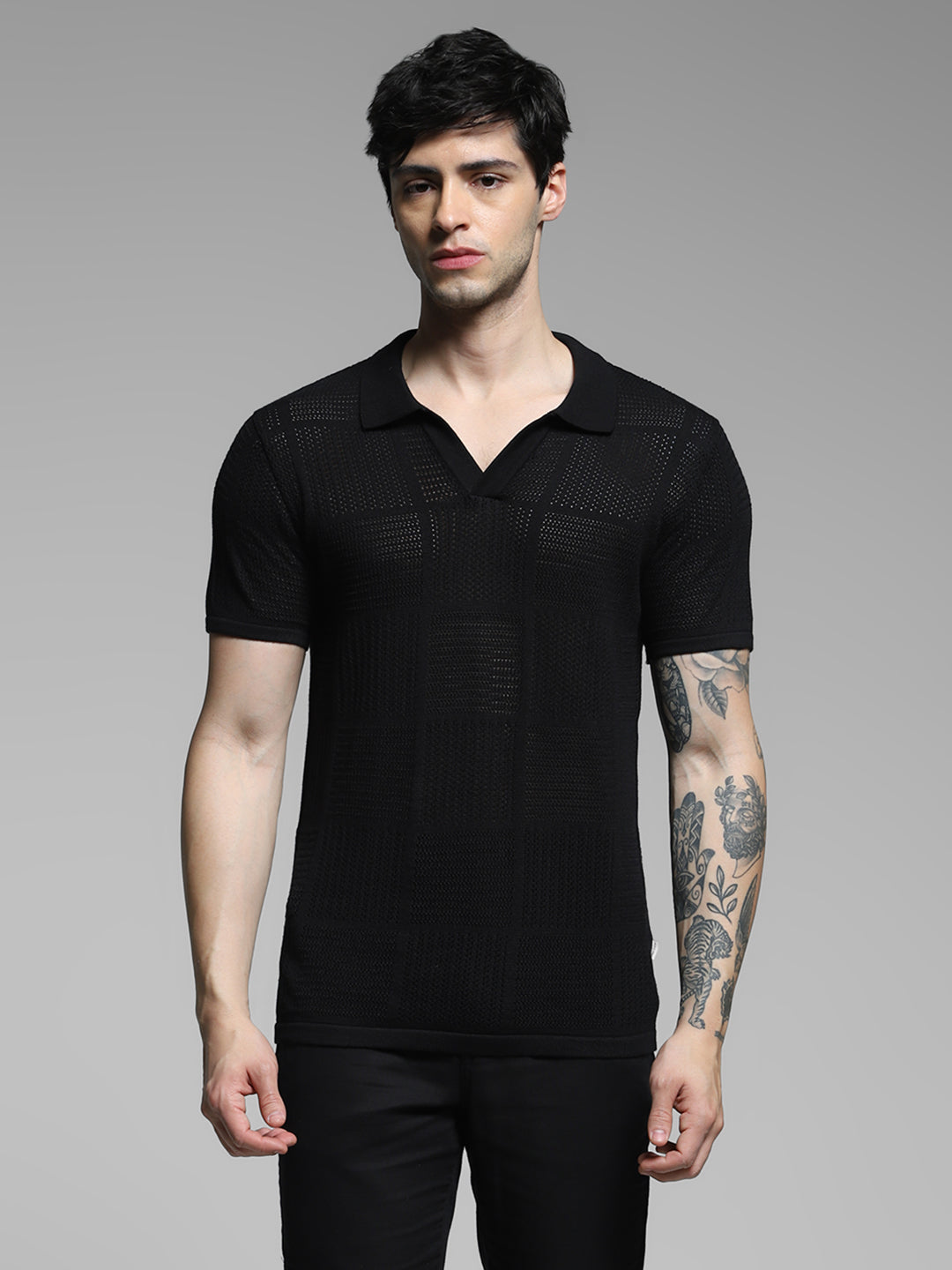 Black Cotton Jacquard Polo