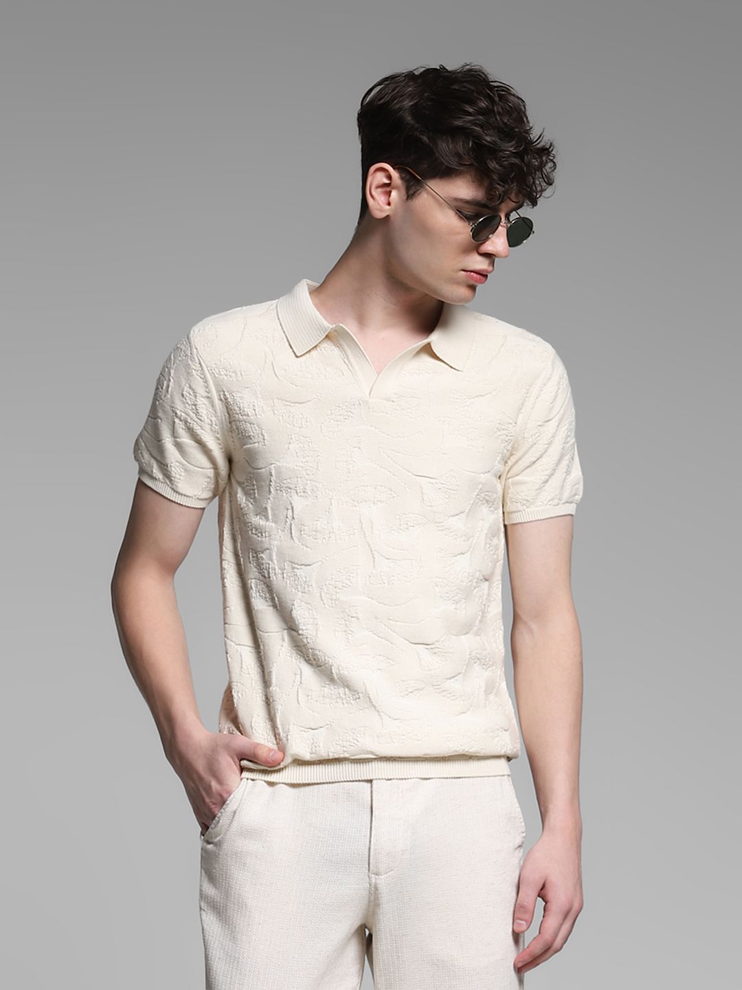 Brown Jacquard Knit Cotton Polo