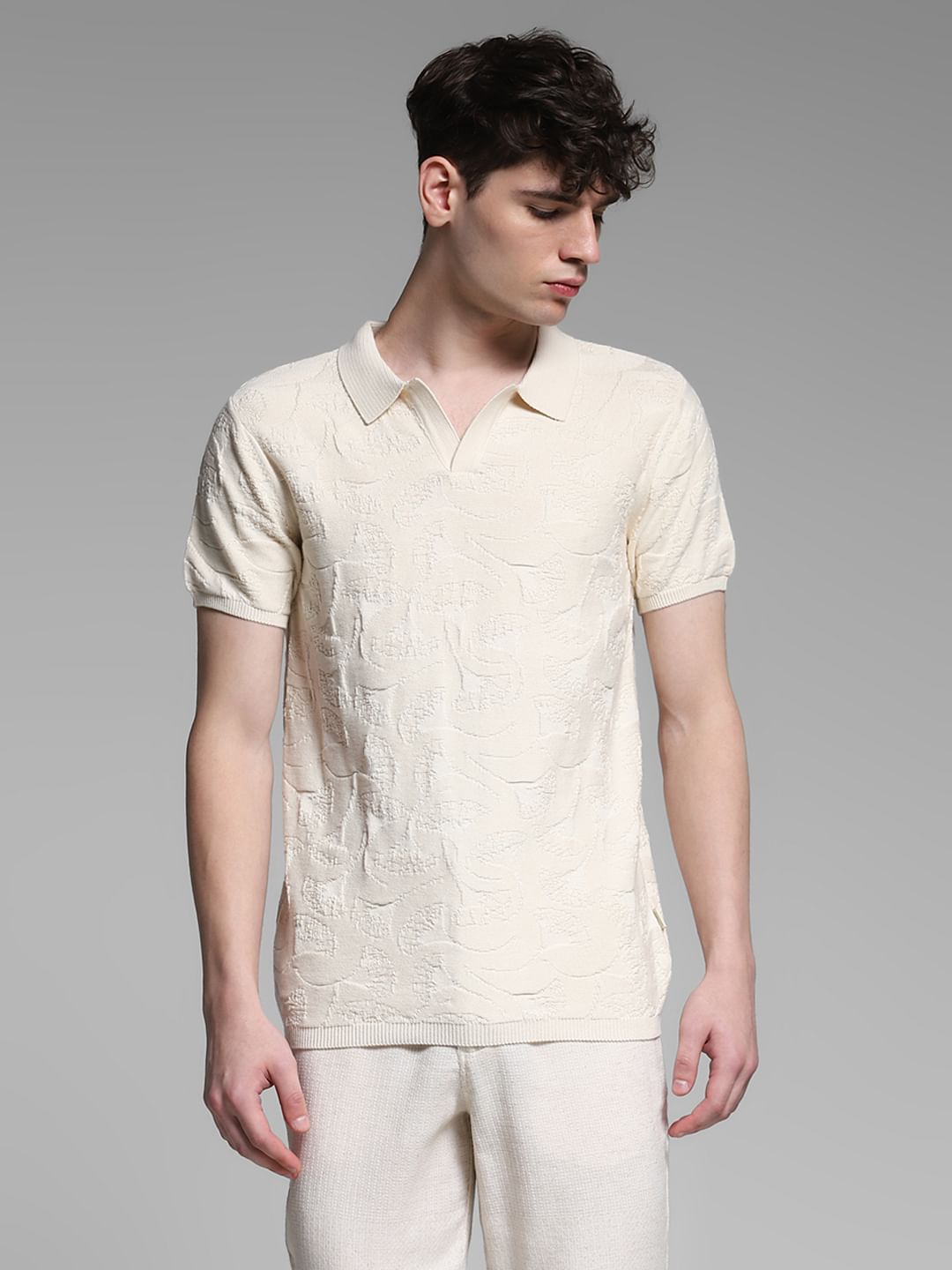 Brown Jacquard Knit Cotton Polo