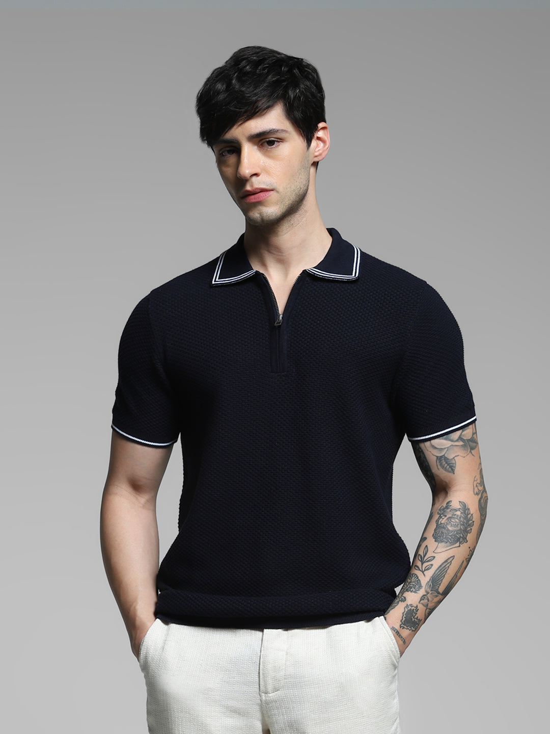 Navy Blue Cotton Jacquard Polo