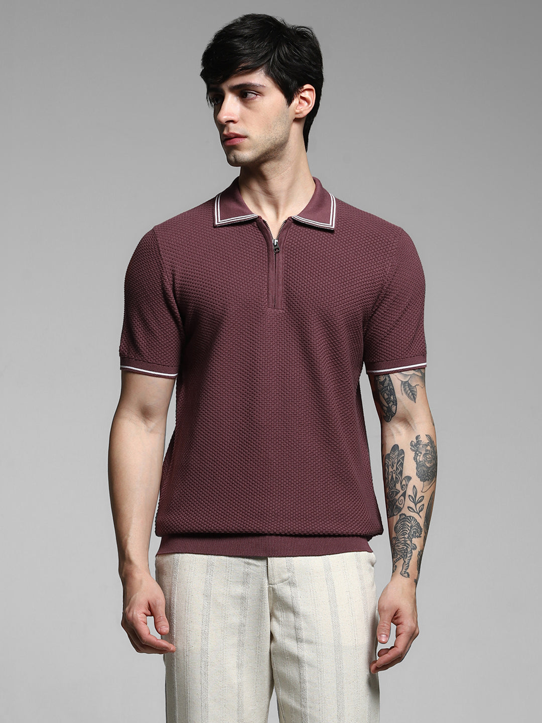 Dark Plum Cotton Jacquard Polo
