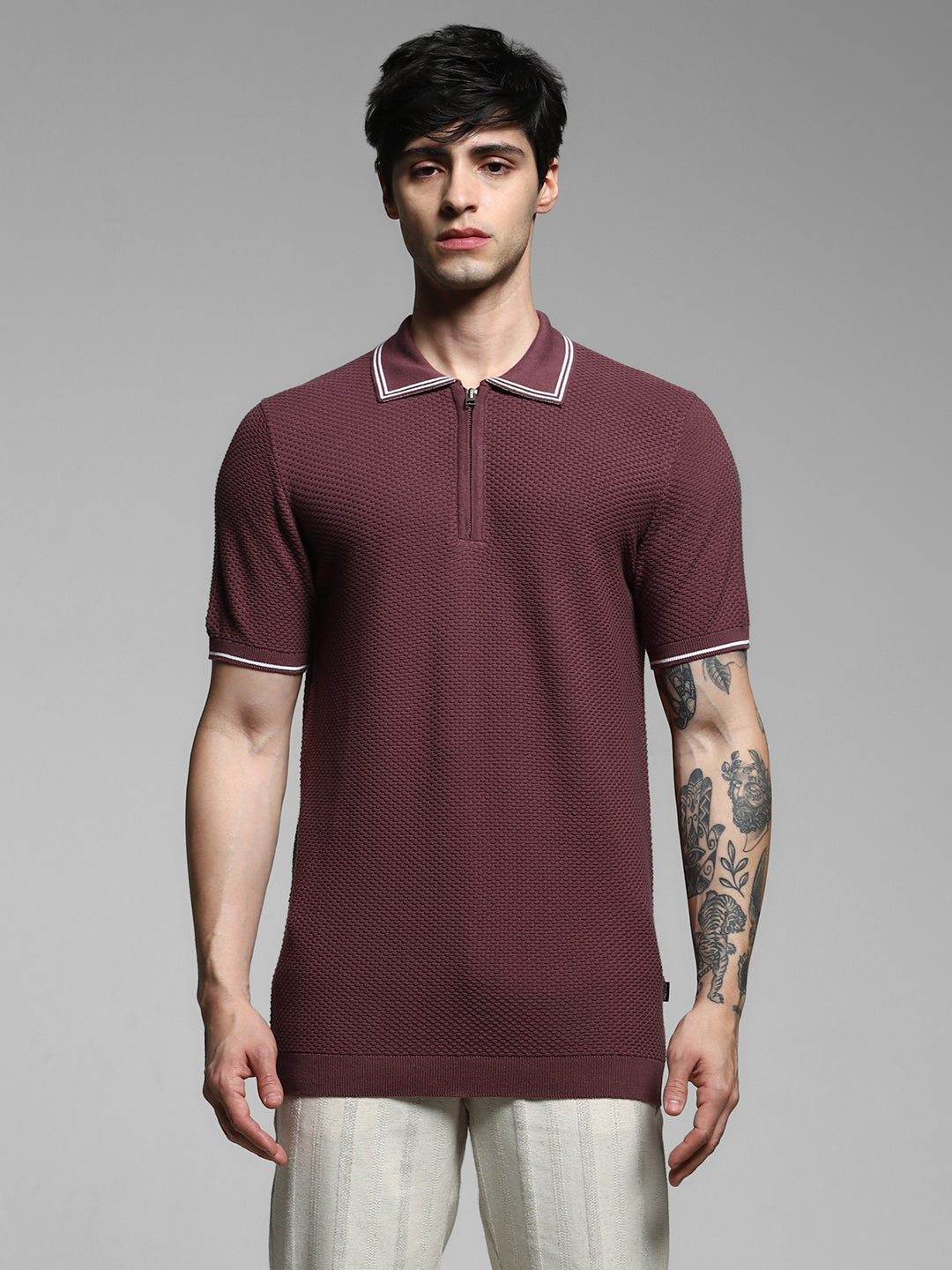 Dark Plum Cotton Jacquard Polo