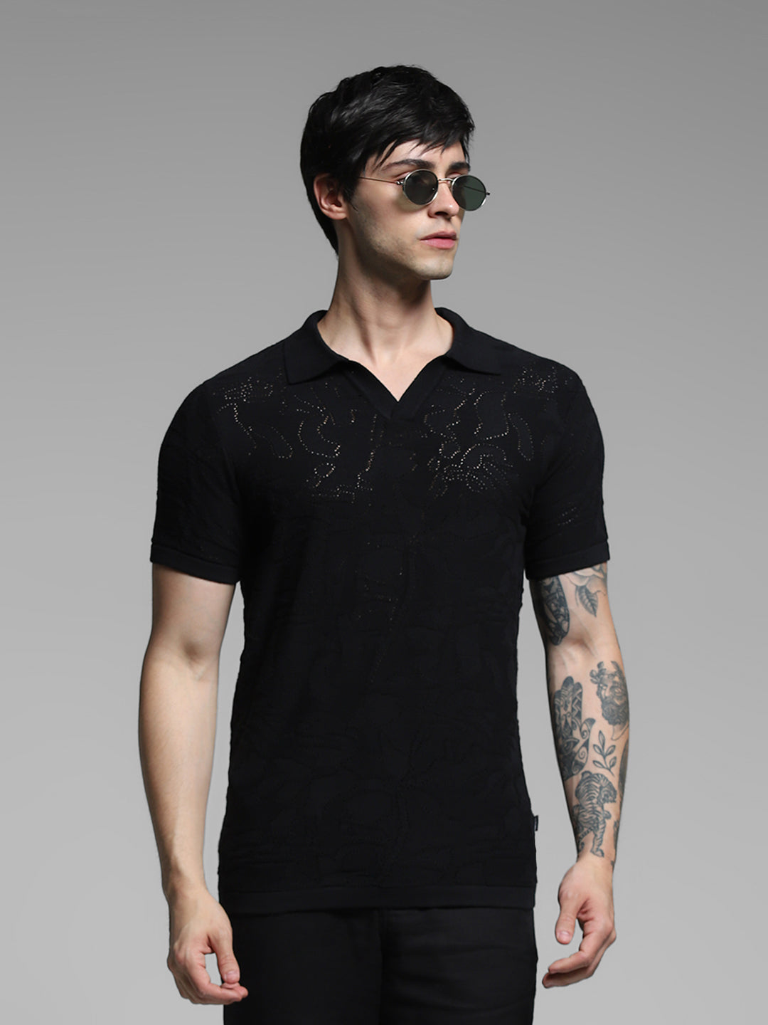 Black Cotton Jacquard Knit Polo