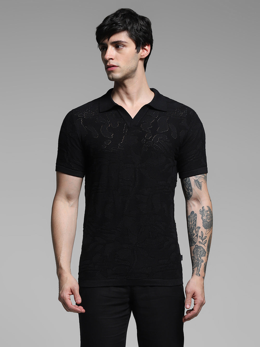 Black Cotton Jacquard Knit Polo