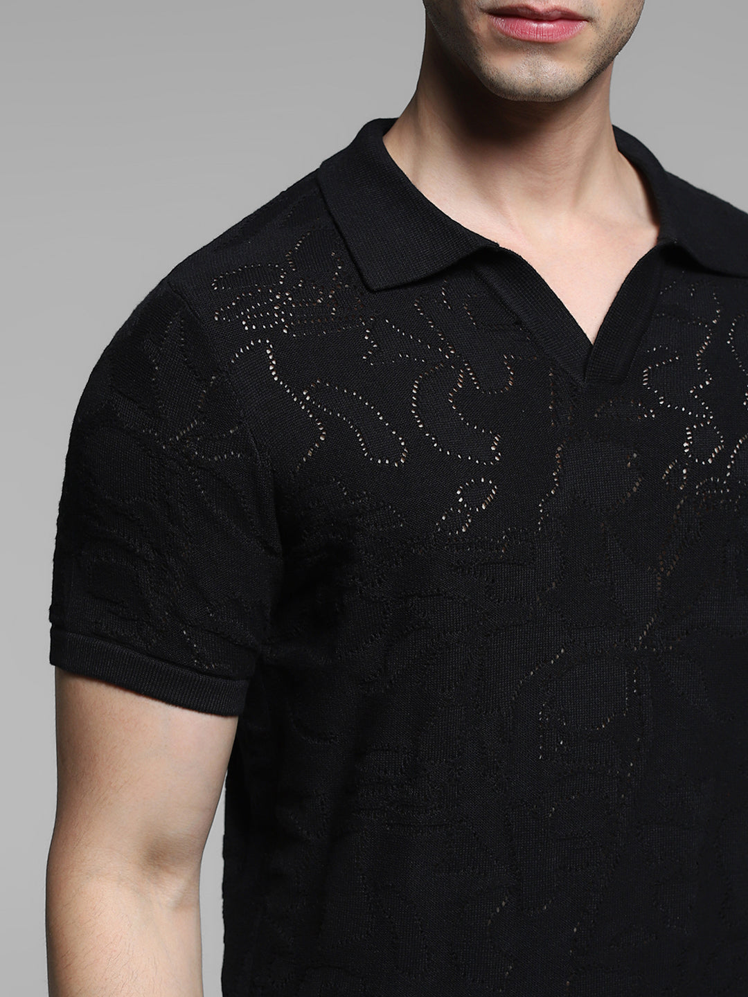 Black Cotton Jacquard Knit Polo