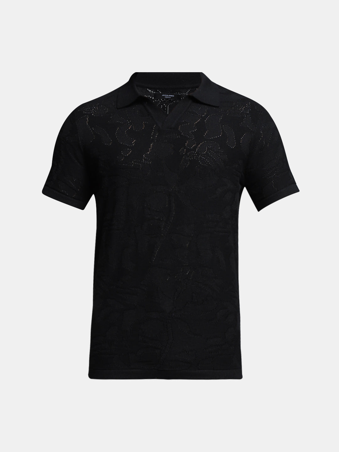 Black Cotton Jacquard Knit Polo