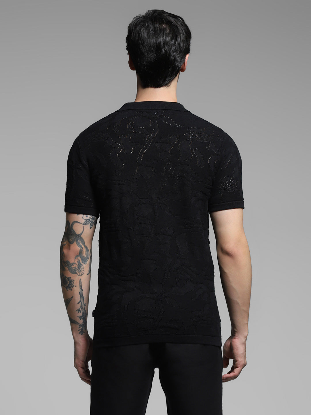 Black Cotton Jacquard Knit Polo