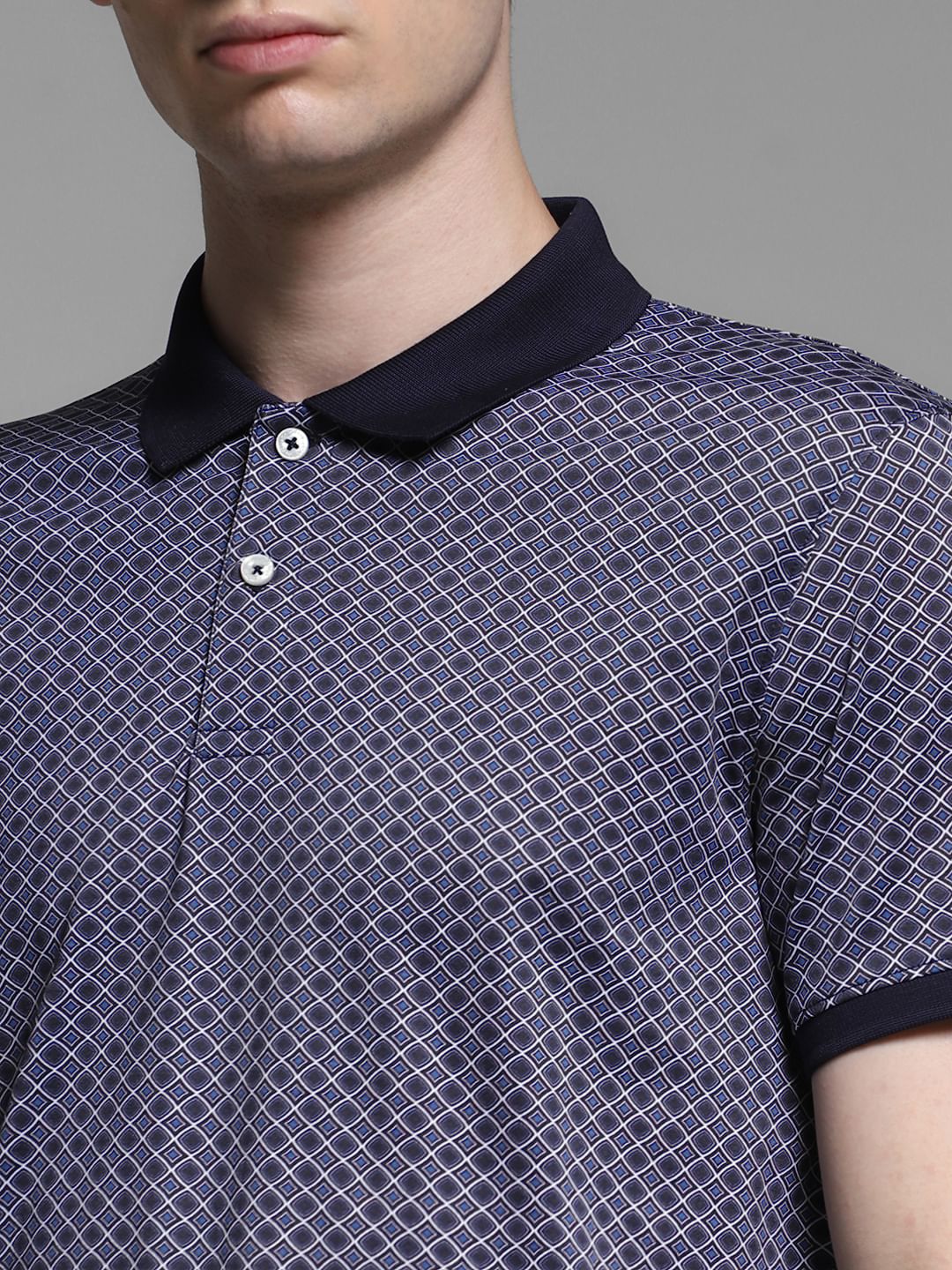 Dark Blue Cotton Printed Polo