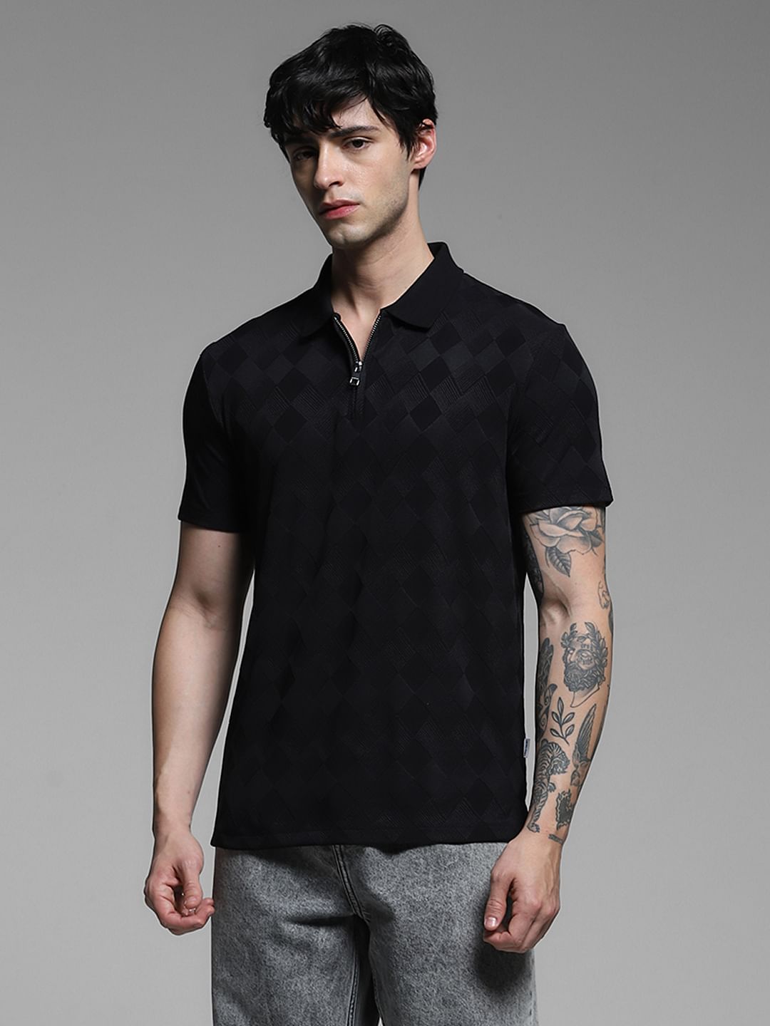 Black Textured Zip-Up Polo