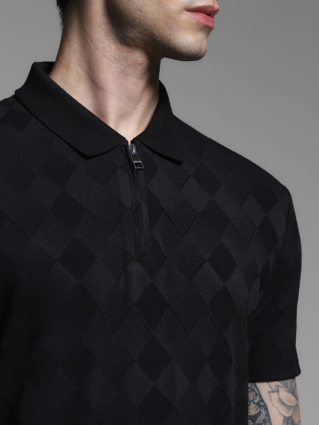 Black Textured Zip-Up Polo
