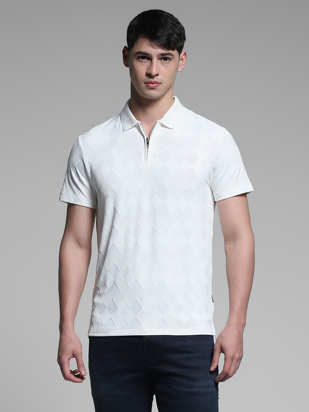 White Textured Zip-Up Polo