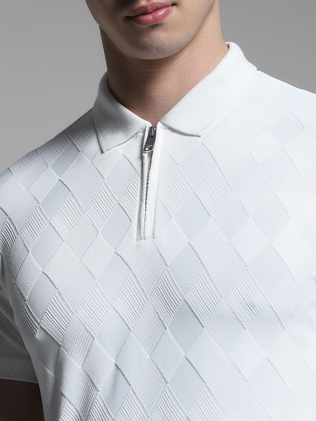 White Textured Zip-Up Polo