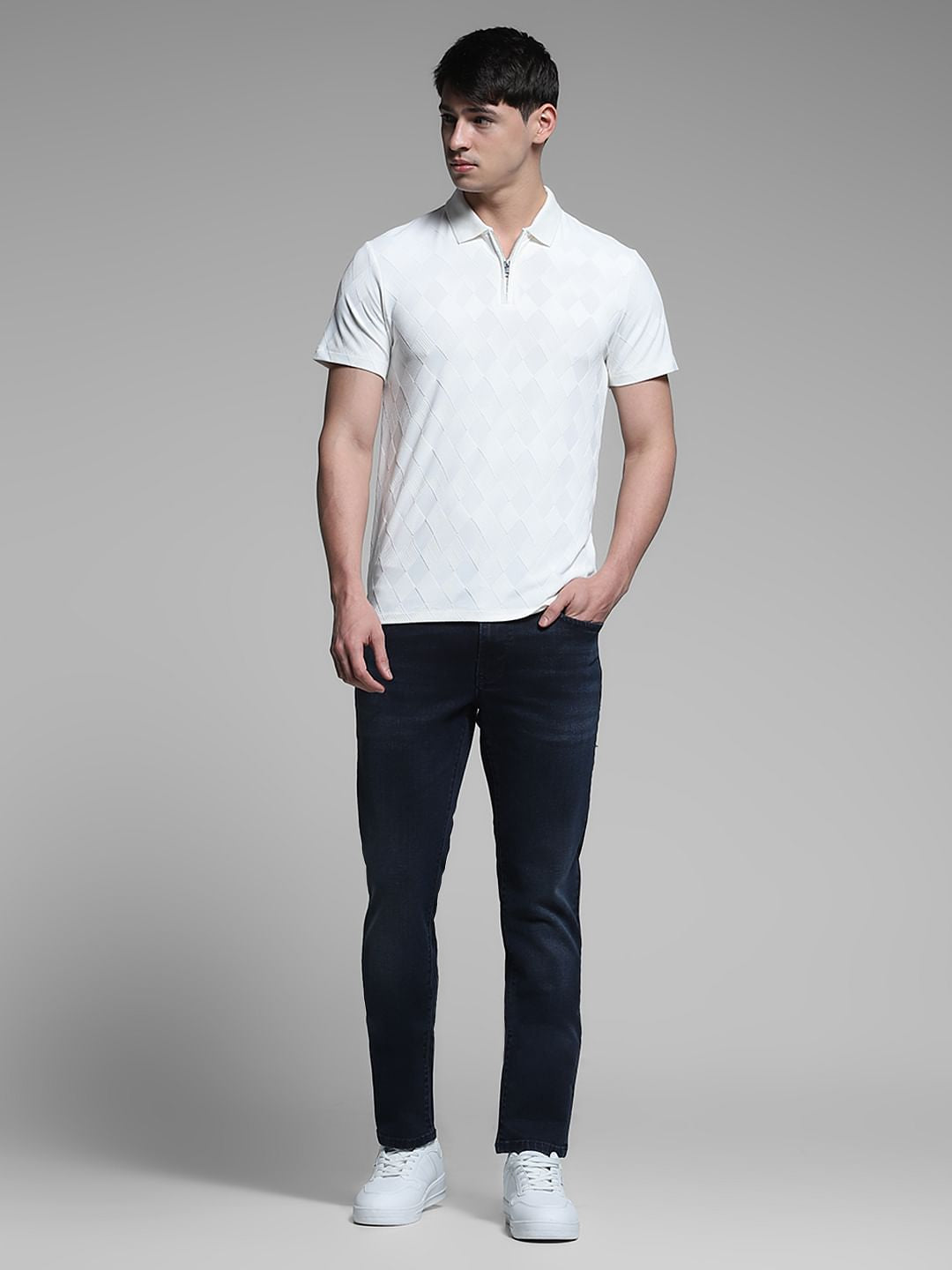 White Textured Zip-Up Polo