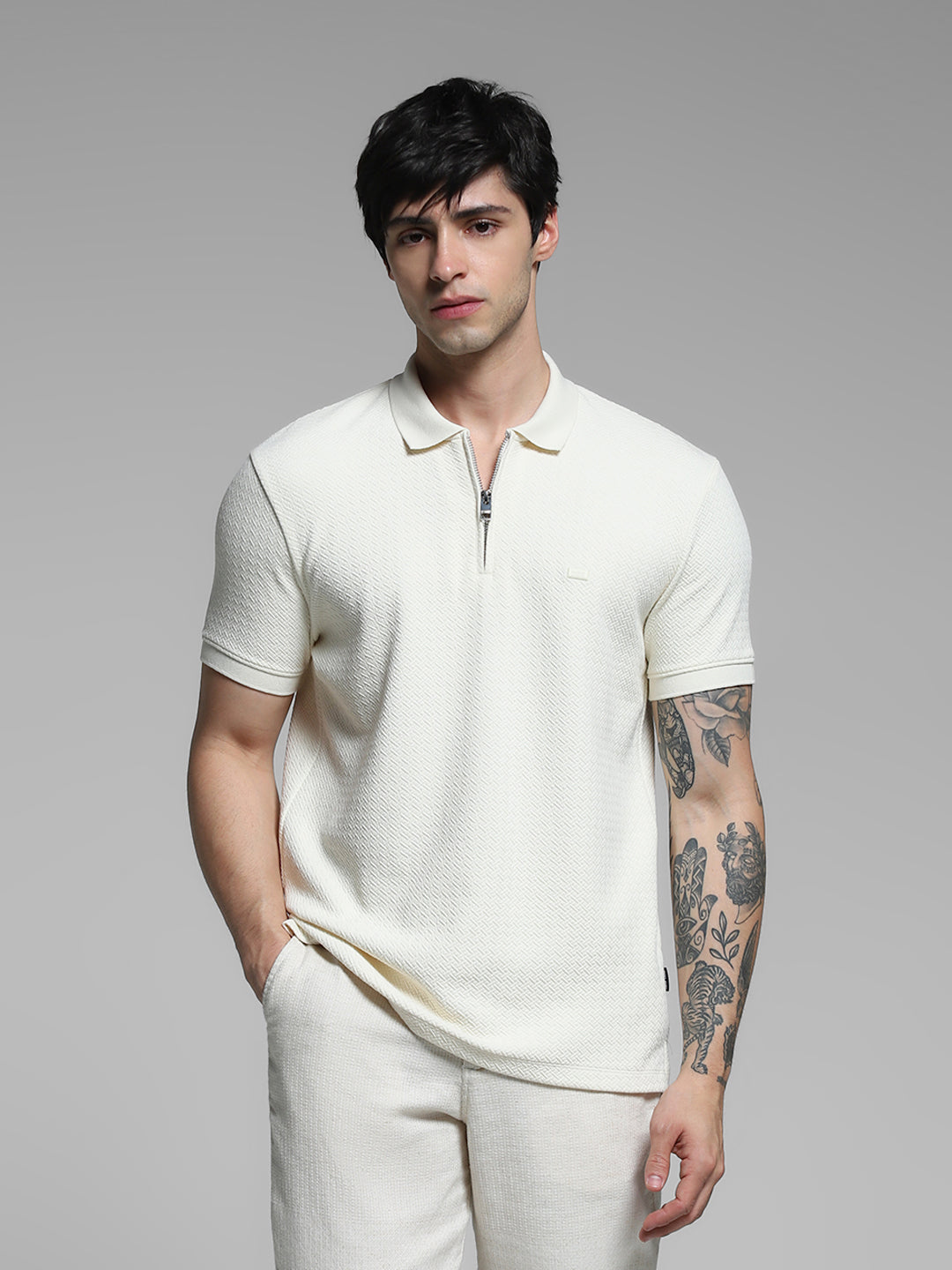 White Textured Zip Up Polo