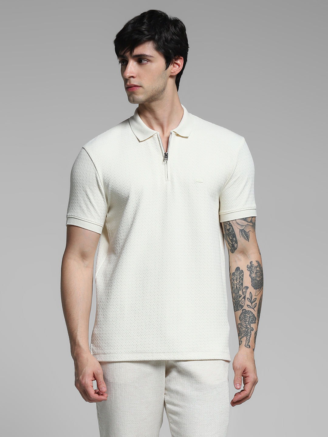 White Textured Zip Up Polo