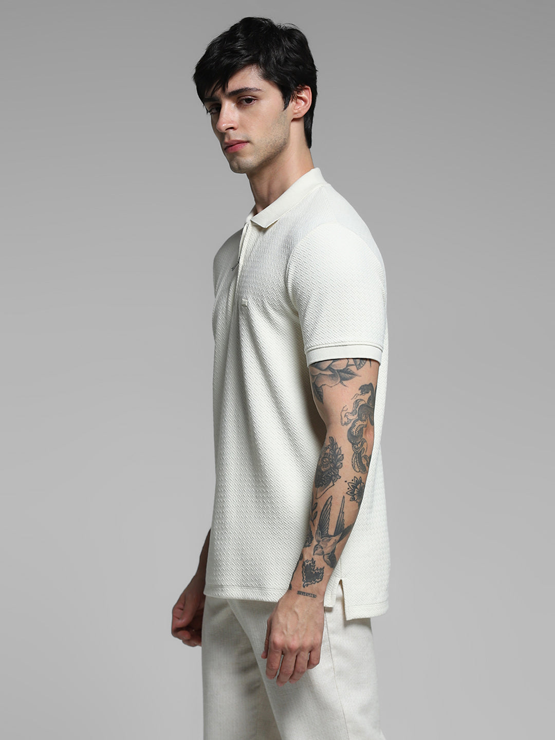 White Textured Zip Up Polo