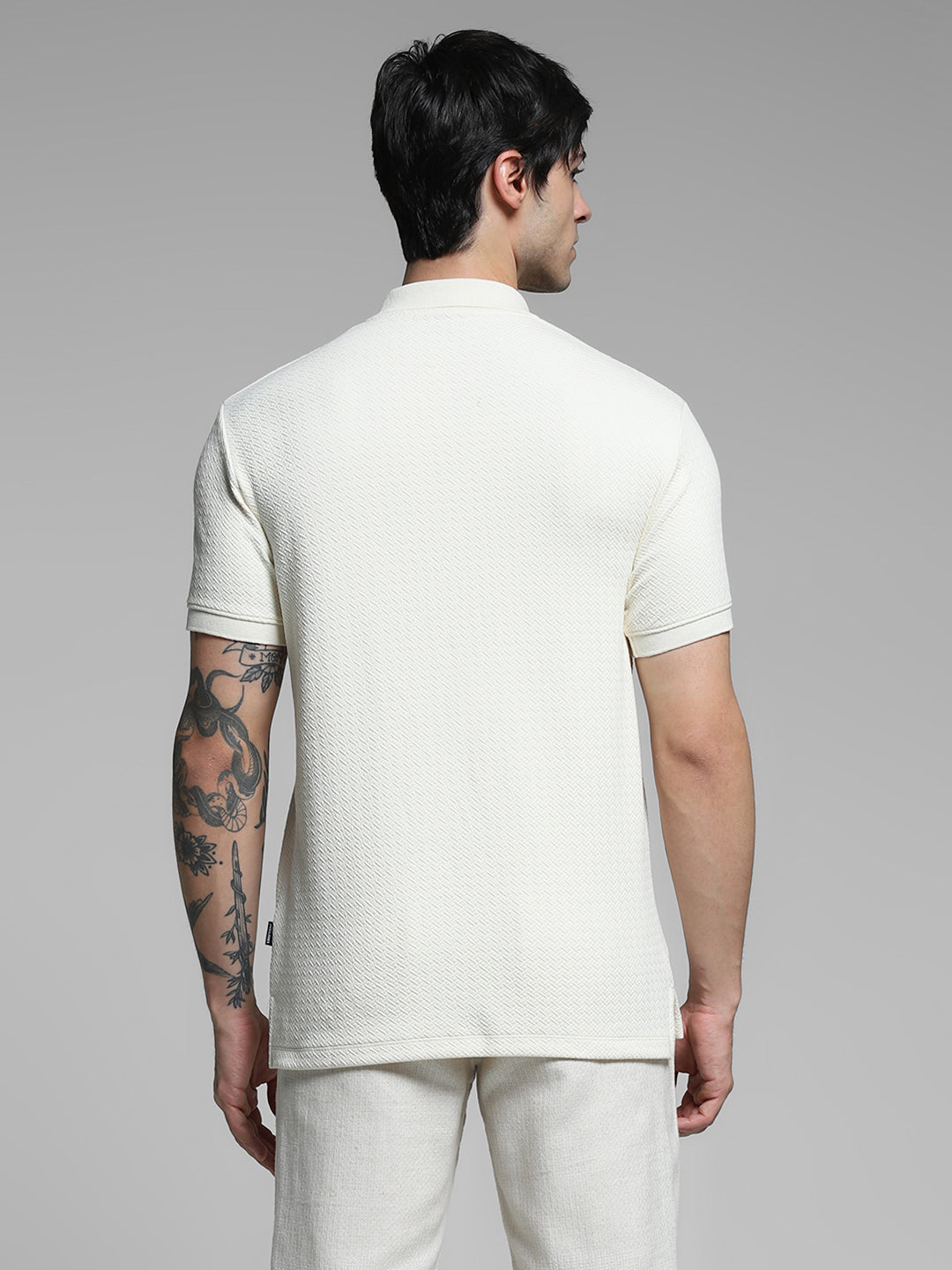 White Textured Zip Up Polo