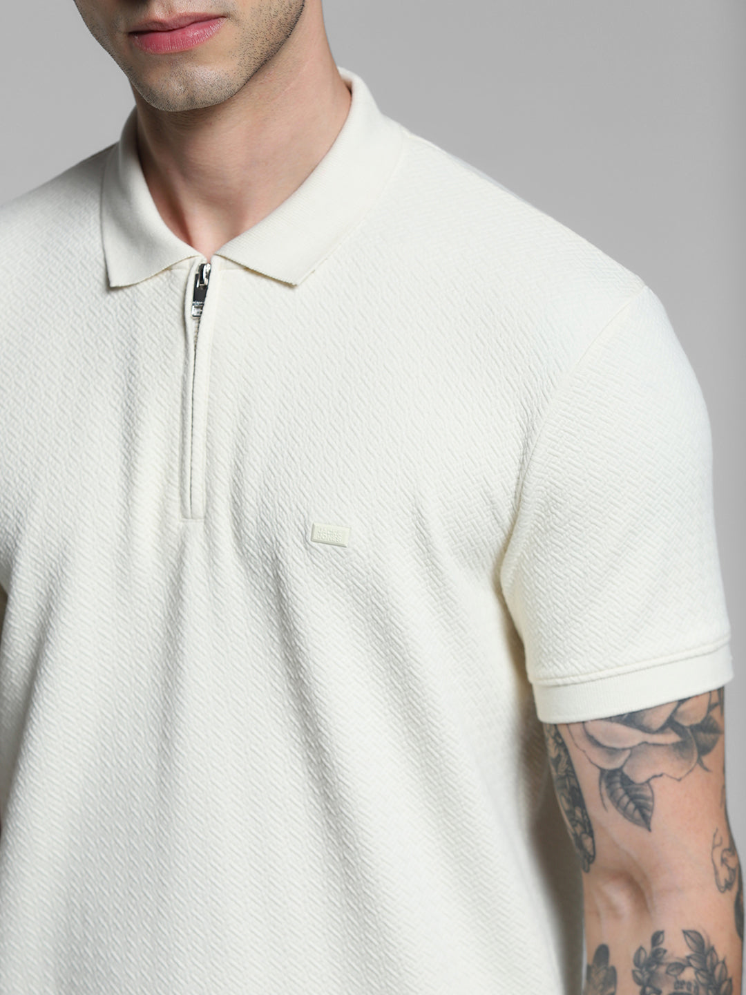 White Textured Zip Up Polo