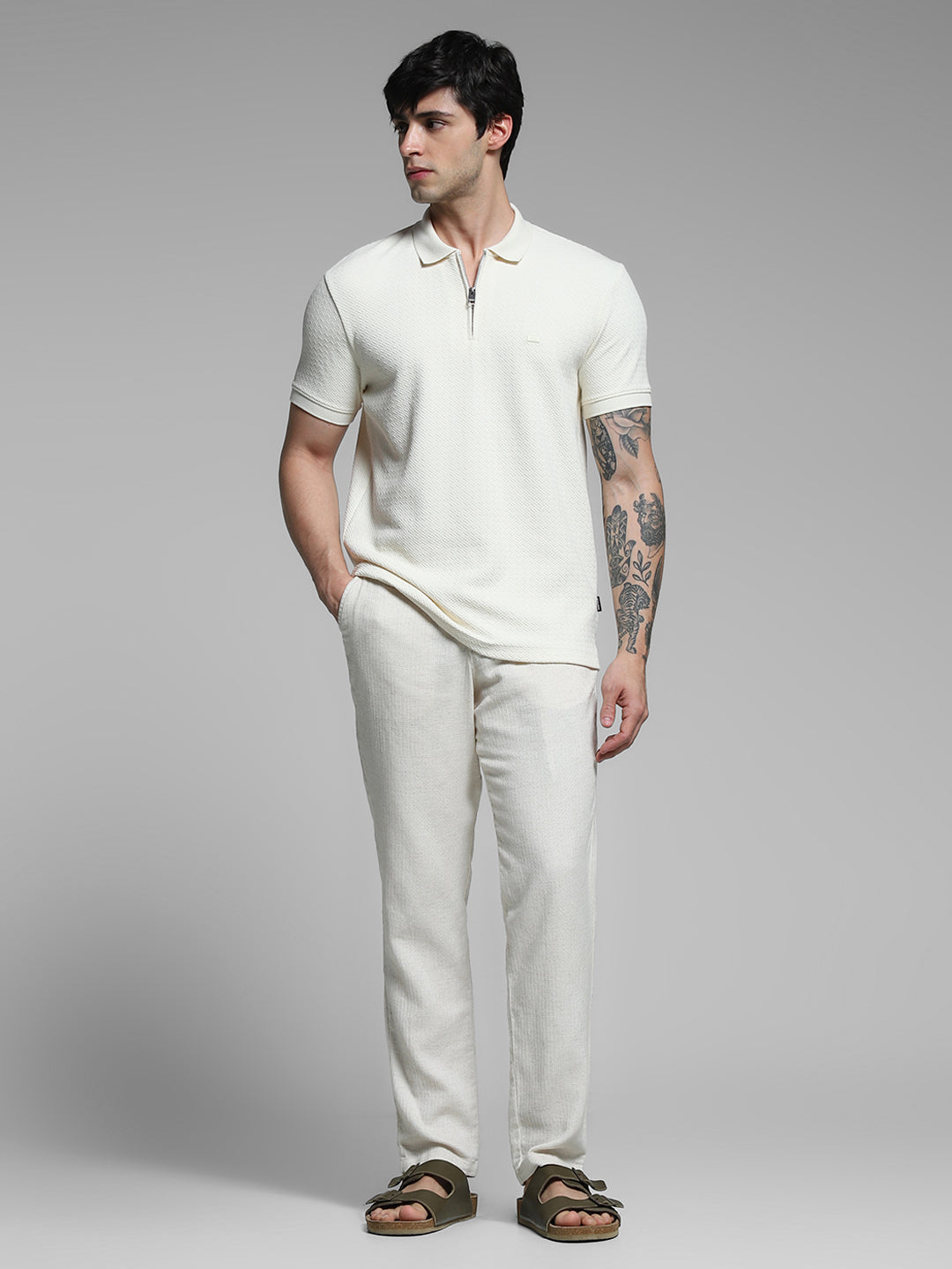 White Textured Zip Up Polo