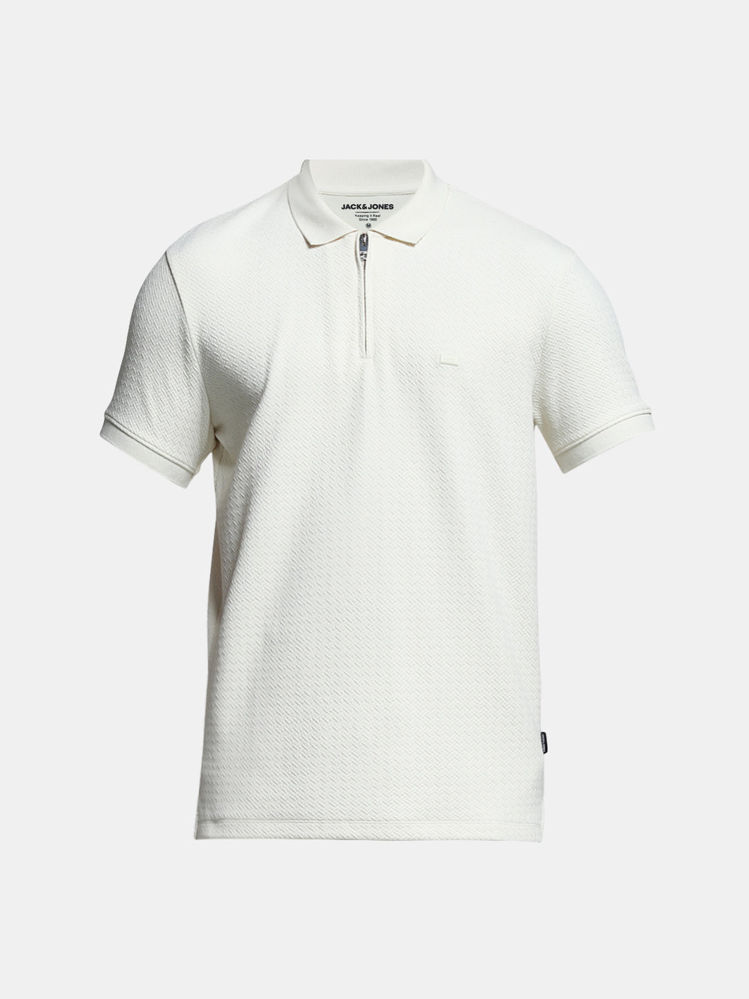 White Textured Zip Up Polo
