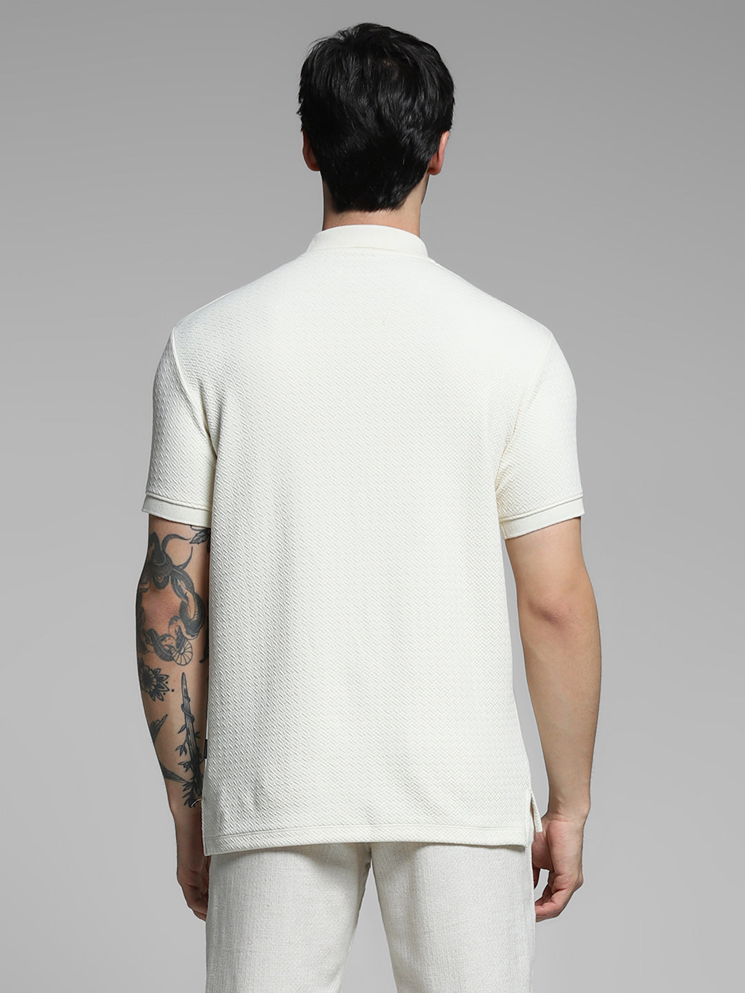 White Textured Zip Up Polo