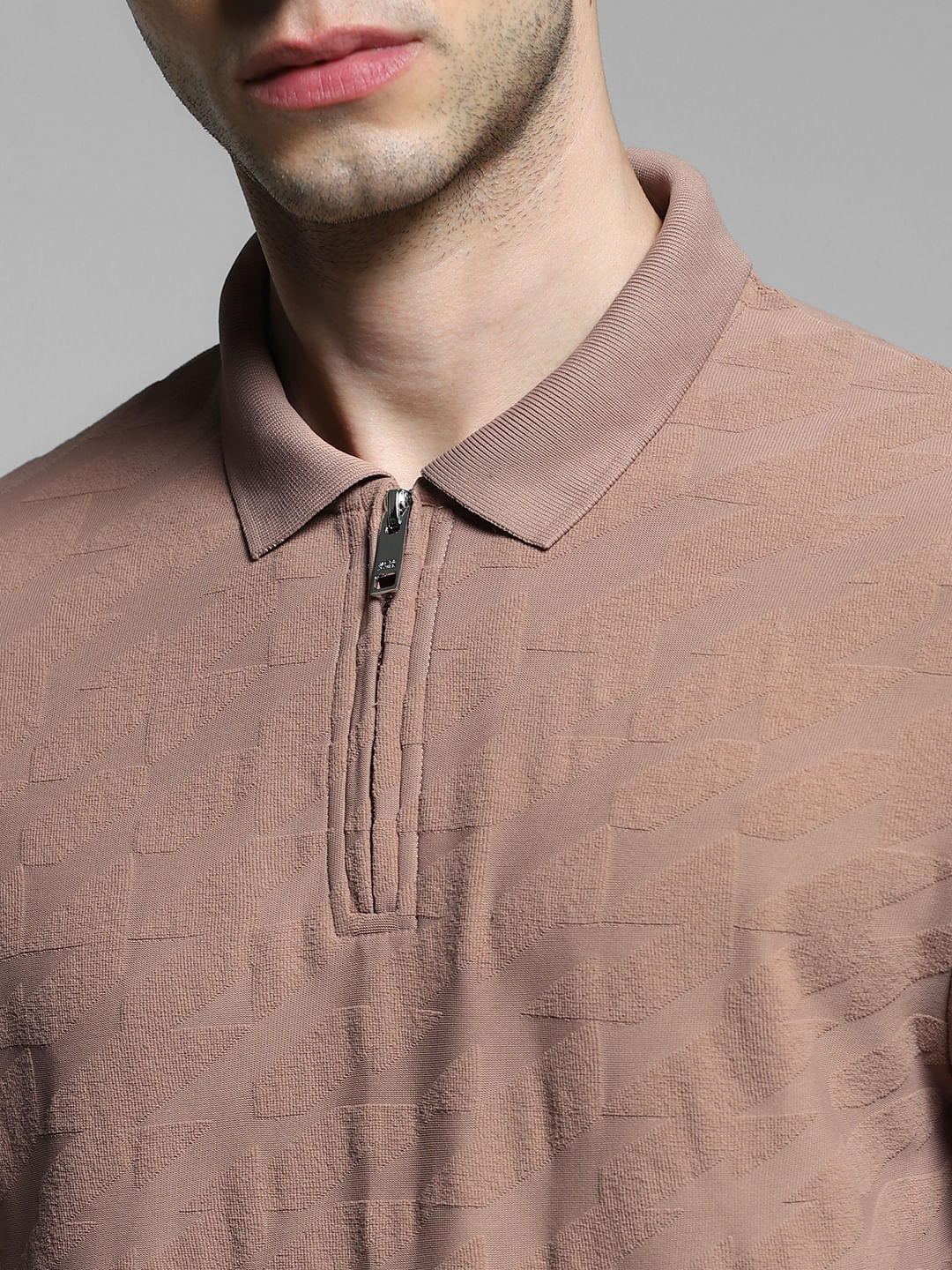 Brown Textured Zip Detail Polo