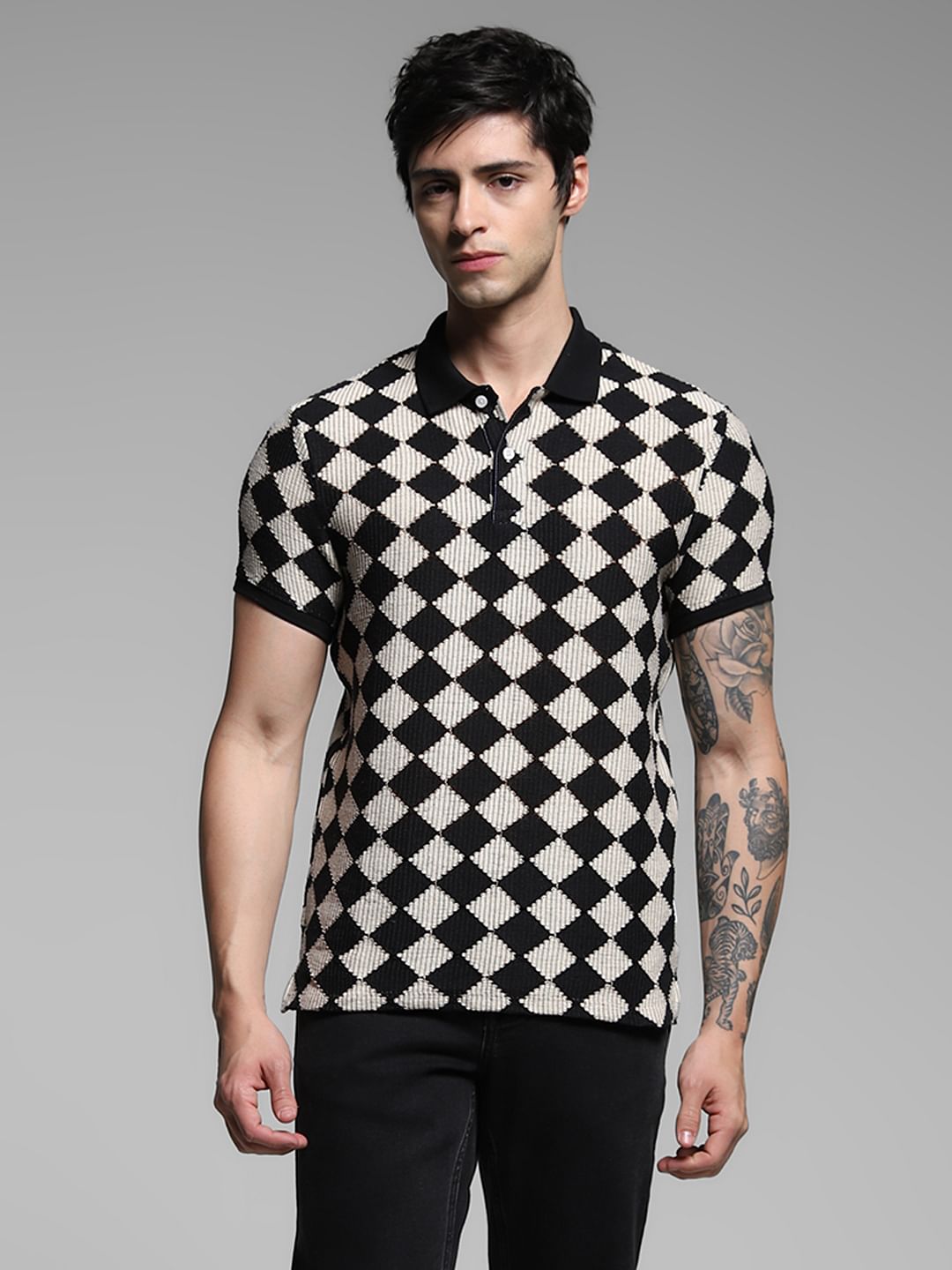 Black Abstract Print Jacquard Polo