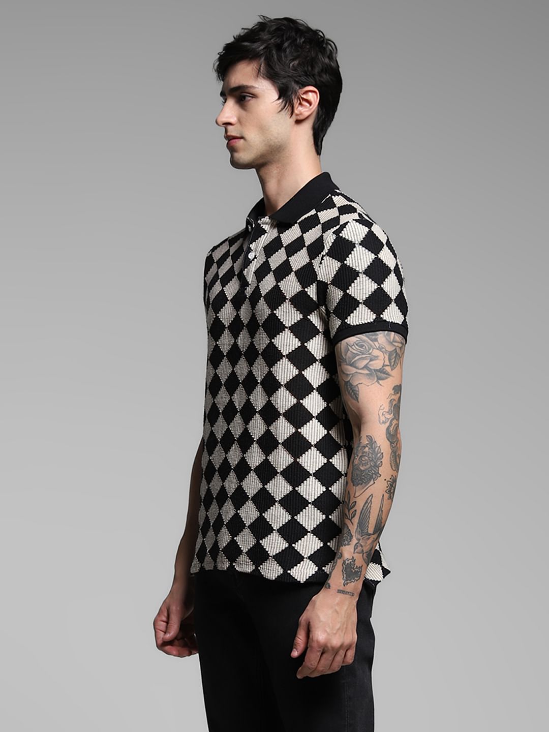 Black Abstract Print Jacquard Polo