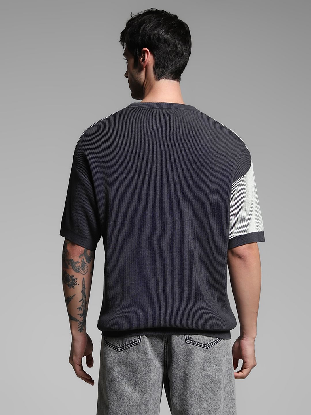 Grey Knitted Geometric Print T-Shirt