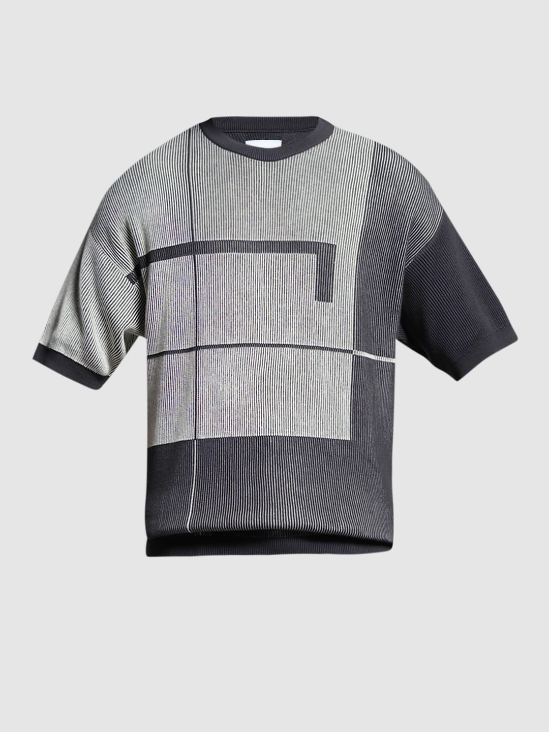 Grey Knitted Geometric Print T-Shirt