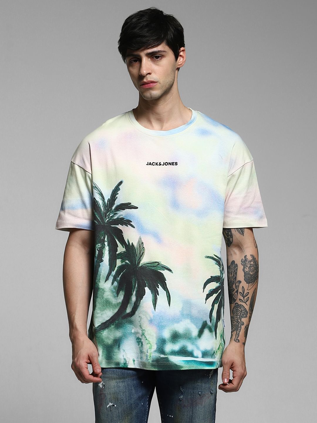 Light Yellow Tropical Print Oversized T-shirt