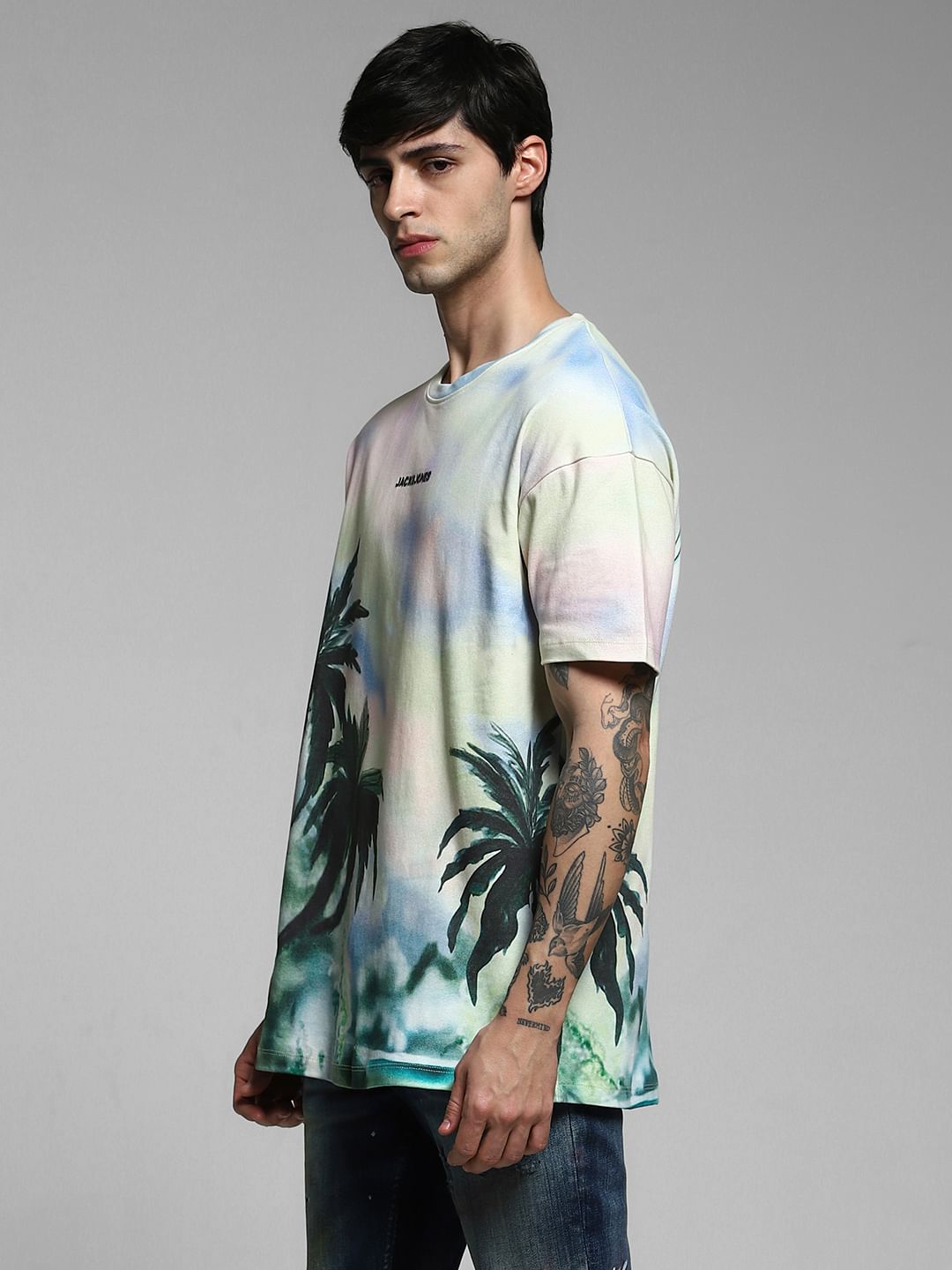 Light Yellow Tropical Print Oversized T-shirt