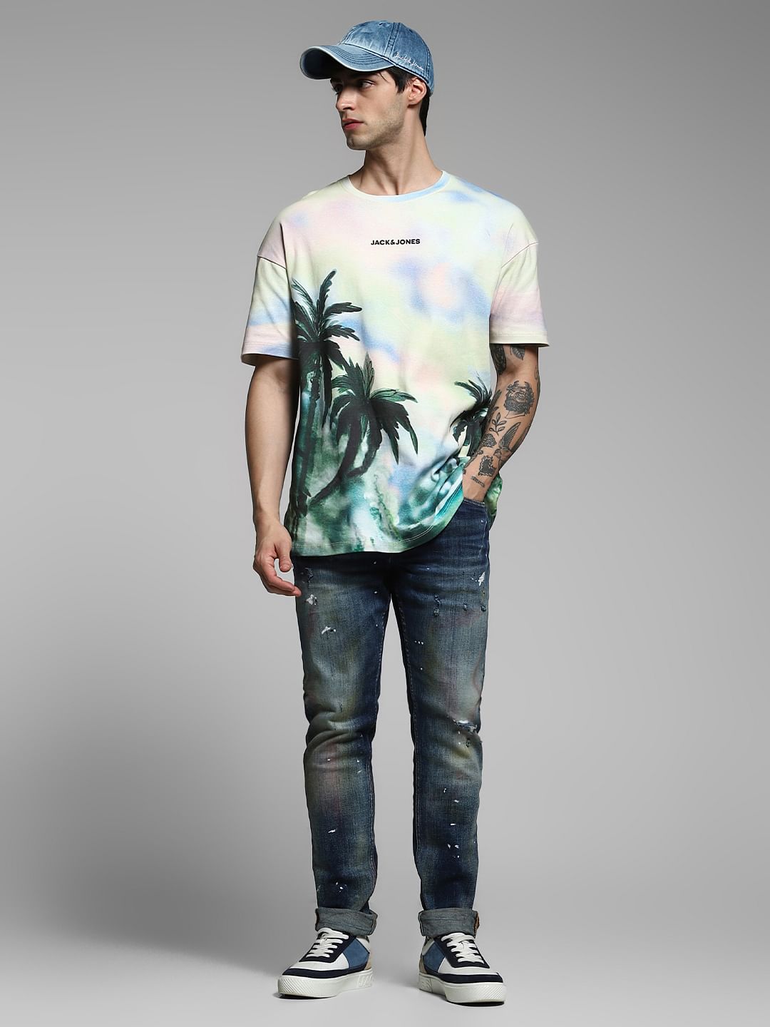 Light Yellow Tropical Print Oversized T-shirt