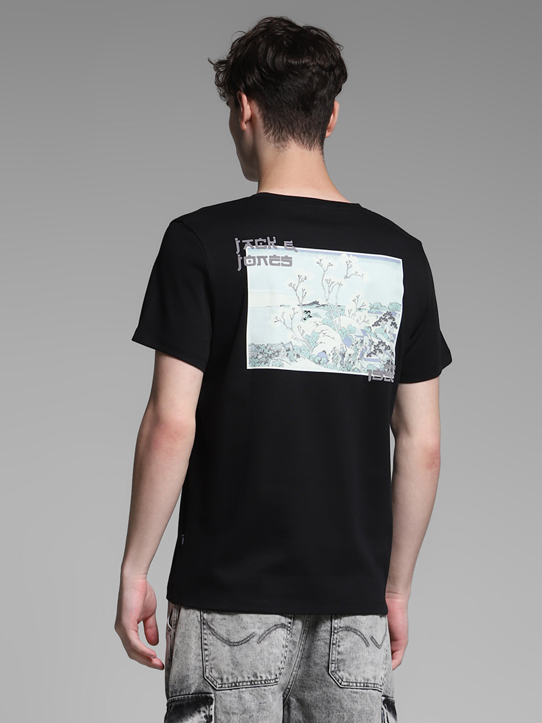 JACK&JONES Black Regular Fit Placement Print T-Shirts